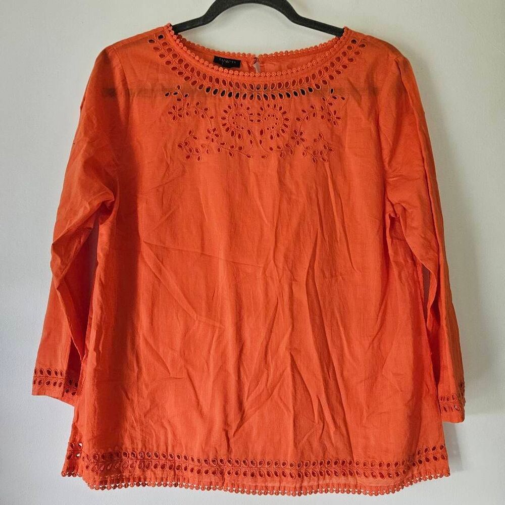 Talbots Petites MP Orange Embroidered Eyelet Cotton Blouse 3/4 Sleeve Boho Top